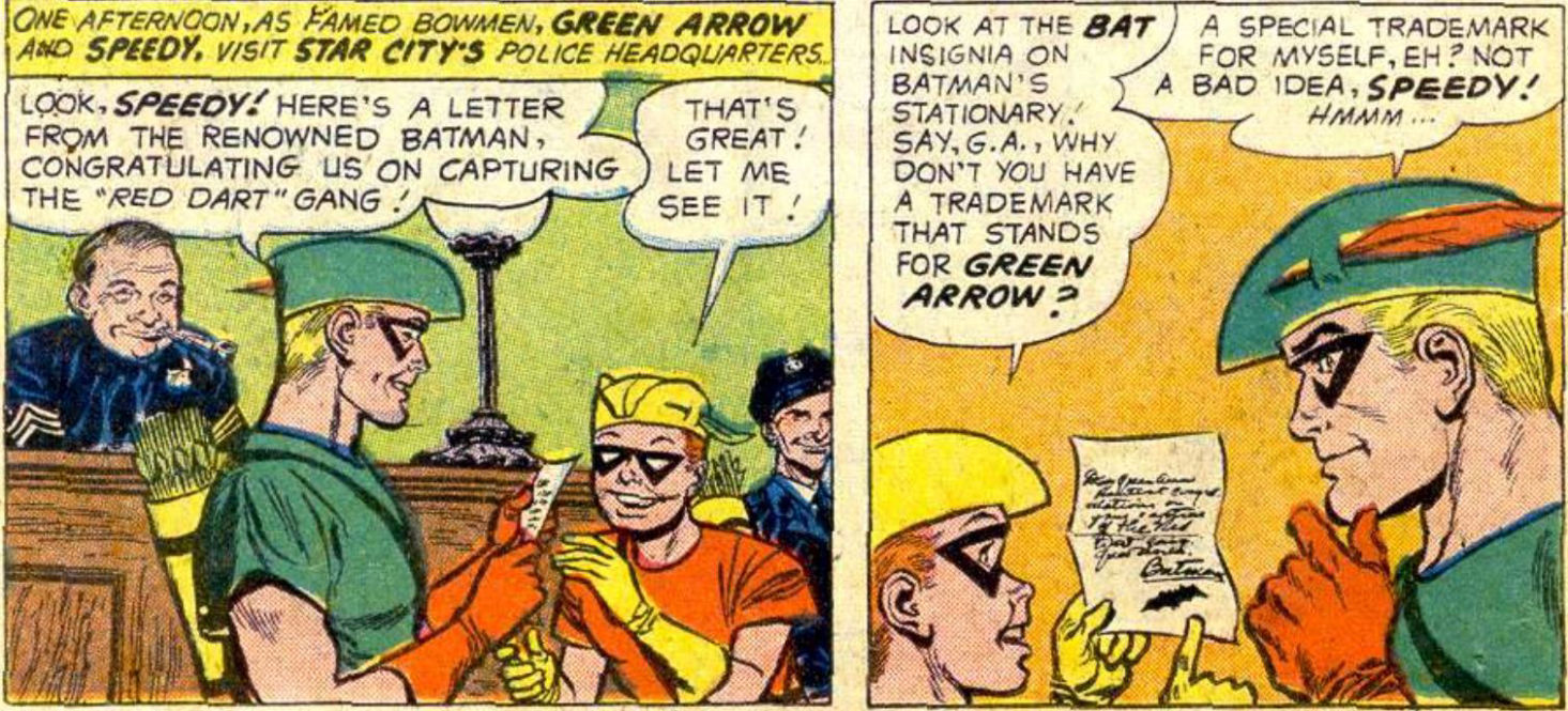 Green Arrow and Speedy get a fan letter from Batman, art by Lee Elias and script by Robert Bernstein