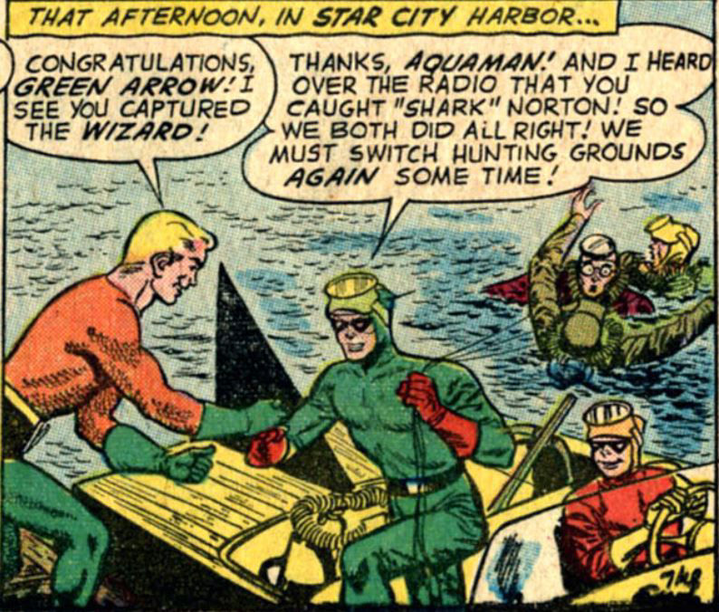 Aquaman and Green Arrow shake hands, art by Lee Elias and script by Robert Bernstein