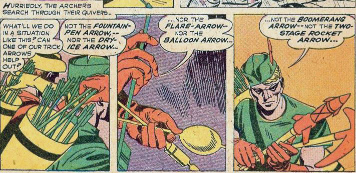 Green Arrow and Speedy check their trick arrows, art by Jack Kirby