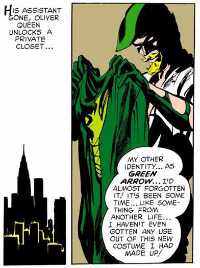 Green Arrow puts on his new costume for the first time, script by Bob Haney and art by Neal Adams