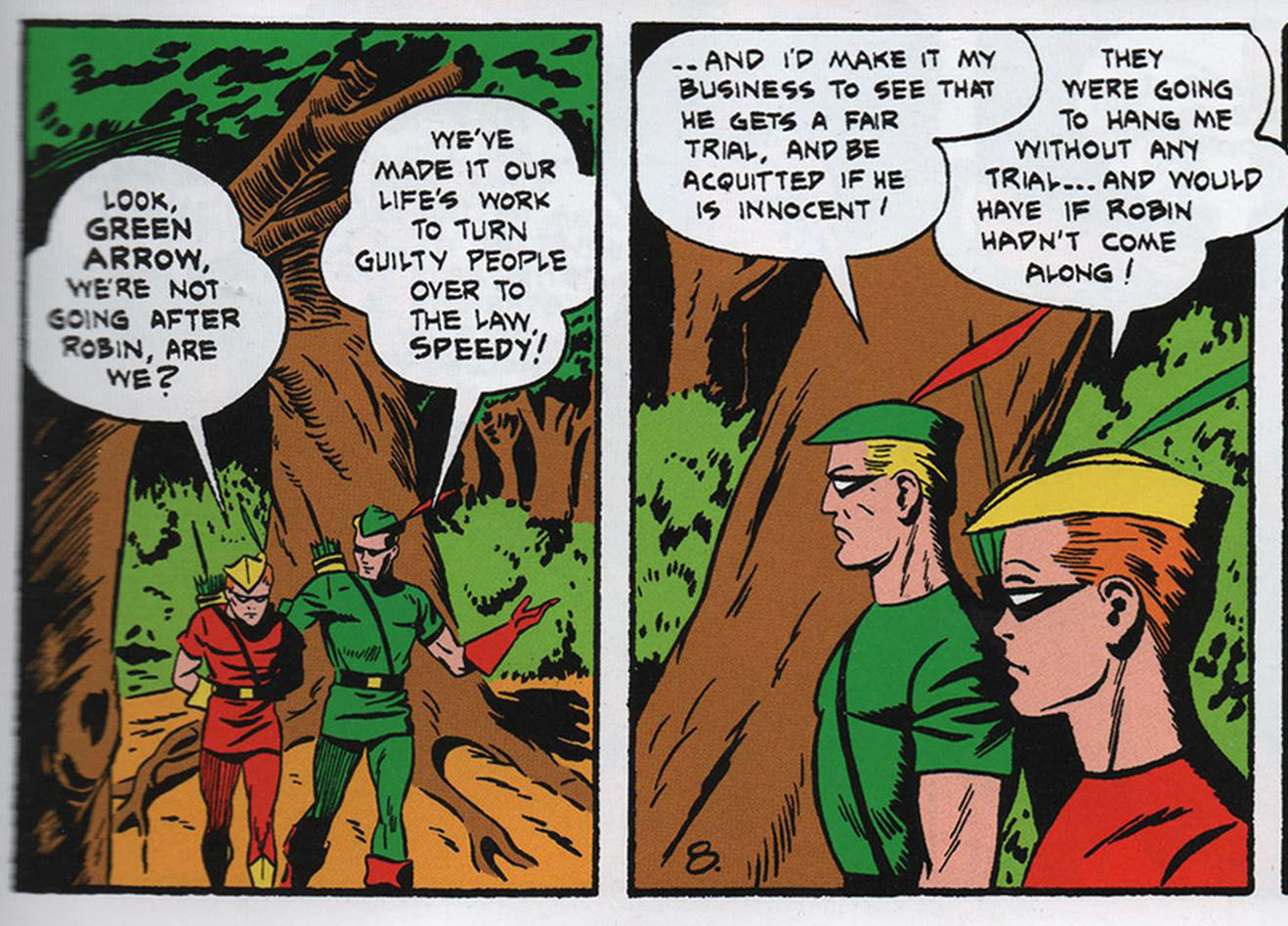 Green Arrow and Speedy discuss giving Robin Hood a fair trial