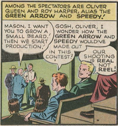 Roy Harper and Oliver Queen watch a Robin Hood movie being cast, art by George Papp