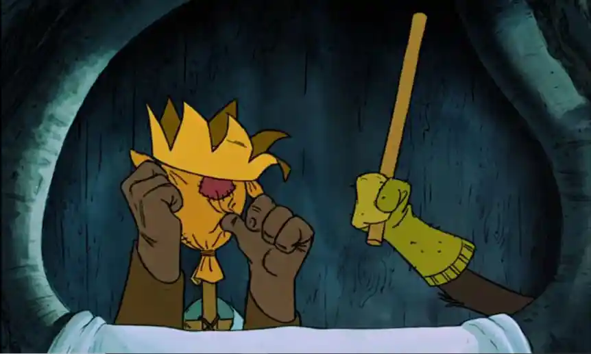 The puppet of Prince John sucks his thumb