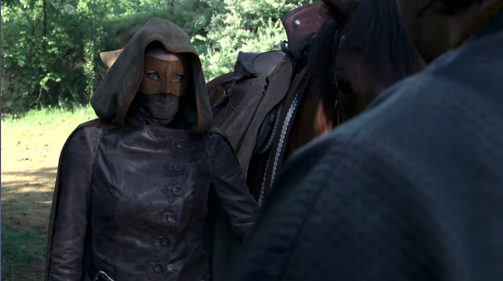 Marian as the Nightwatchman confronts Gisborne