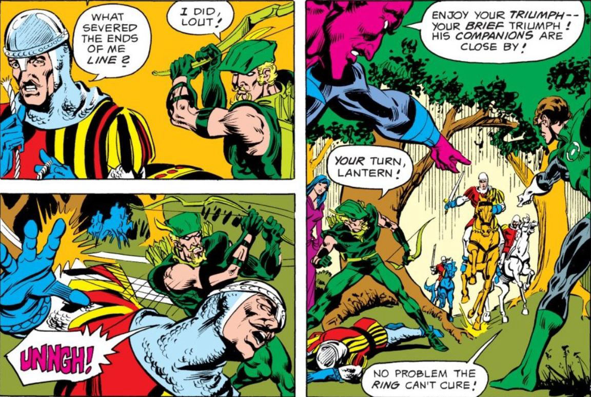 Green Arrow rescues a damsel in distress, written by Denny O'Neil, art by Mike Grell and Bob Smith