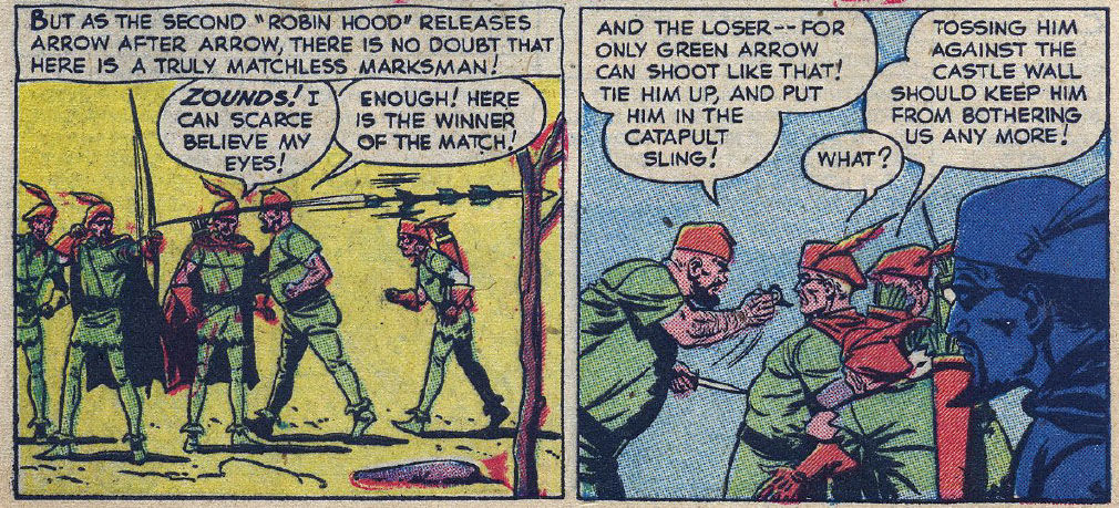 Green Arrow beats a phony Robin Hood at archery, art by George Papp