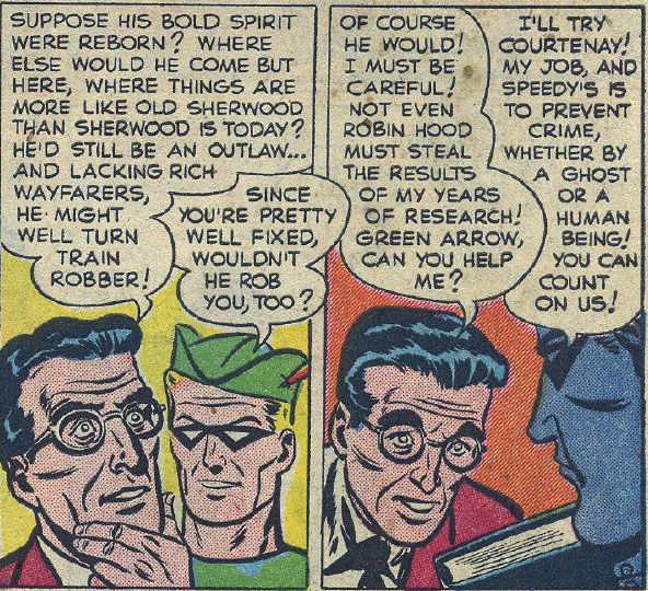 Scholar tells Green Arrow it makes sense that Robin Hood would be a train robber, art by George Papp