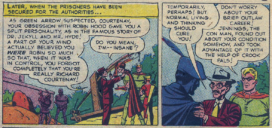 Robin Hood scholarship gives you a split personality, art by George Papp