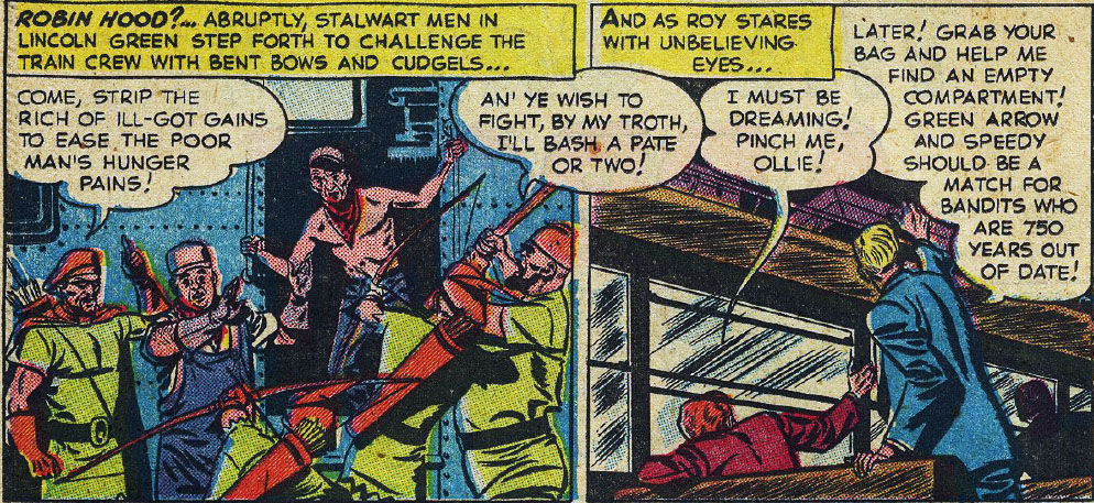 Robin Hood robs the train that Oliver Queen and Roy Harper are travelling in, art by George Papp