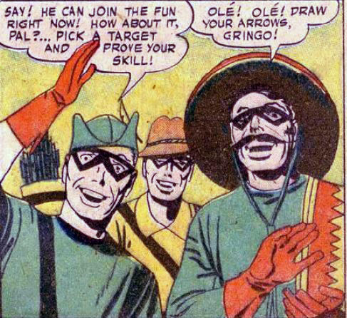 Green Arrow and his international counterparts bid you welcome, art by Jack Kirby