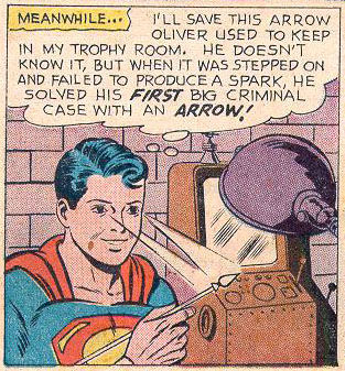 Superboy realizes Oliver Queen's arrow has solved the case, art by George Papp