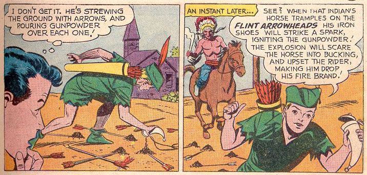 A young Oliver Queen covers arrows with gunpowder, art by George Papp