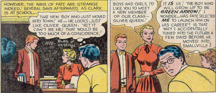 Clark Kent's teacher introduces Oliver Queen, art by George Papp