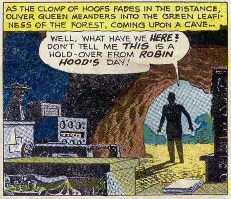 Oliver Queen finds Robin Hood's cave, art by Lee Elias