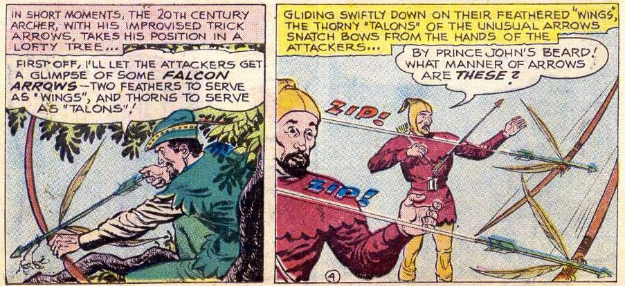 Disguised as Robin Hood, Green Arrow invents falcon arrows, art by Lee Elias