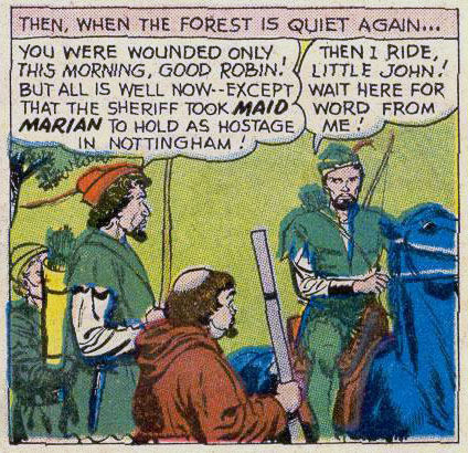 Little John speaks to Green Arrow, disguised as Robin Hood, art by Lee Elias