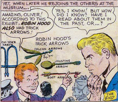 Roy Harper and Oliver Queen discuss Robin Hood's trick arrows, art by Lee Elias