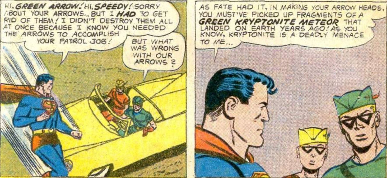 Superman visits Green Arrow and Speedy, art by Lee Elias and script by Robert Bernstein