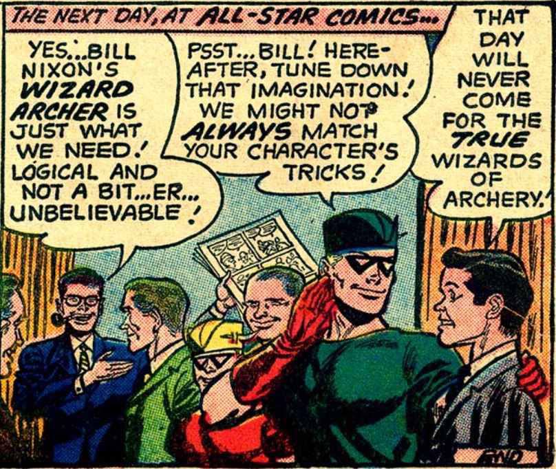 Last Green Arrow panel in Adventure Comics, art by Lee Elias and script by Robert Bernstein