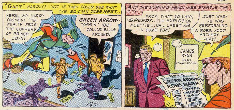 Green Arrow gives to the poor. Speedy and the police are concerned, art by George Papp