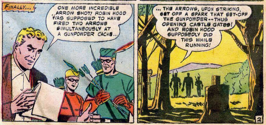 Green Arrow plans to duplicate Robin Hood's famous but previously unheard of gunpowder shot, art by George Papp