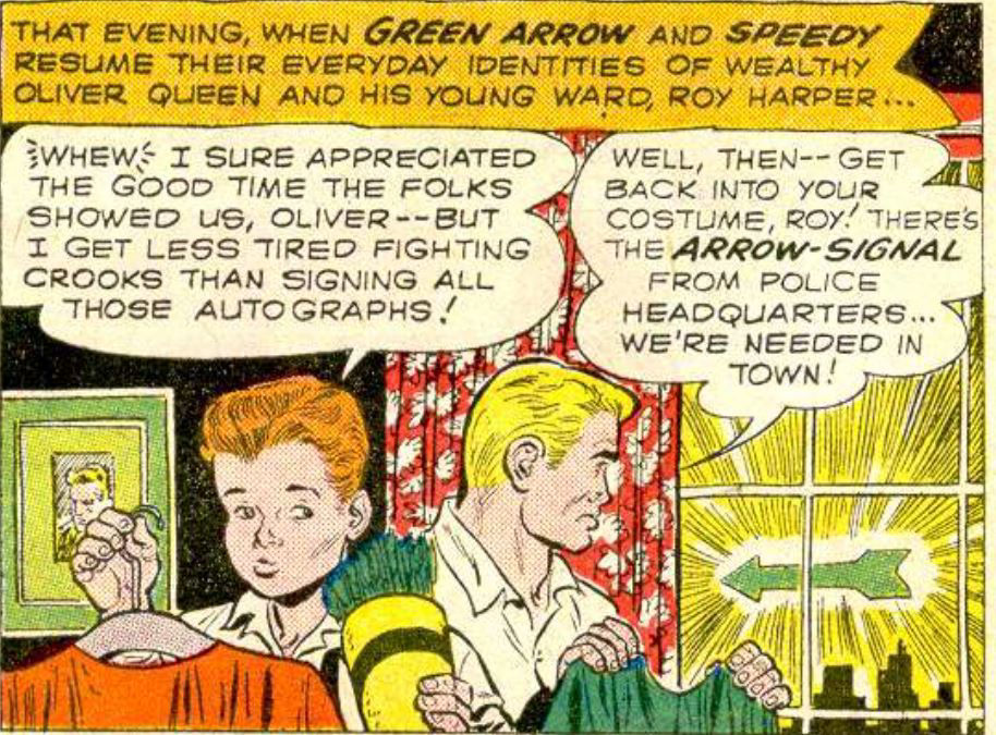 Oliver Queen and Roy Harper spot the Arrow-Signal, art by Lee Elias