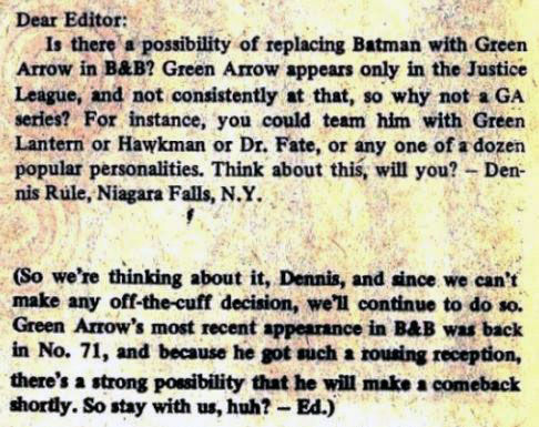 Fan letter in Brave and the Bold #80 asking for Green Arrow to take over the comic book
