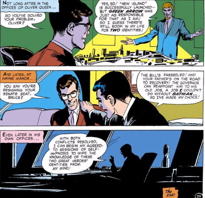 The psychiatrist hypnotizes himself to forget Batman and Green Arrow's secret identities. Script by Bob Haney and art by Neal Adams