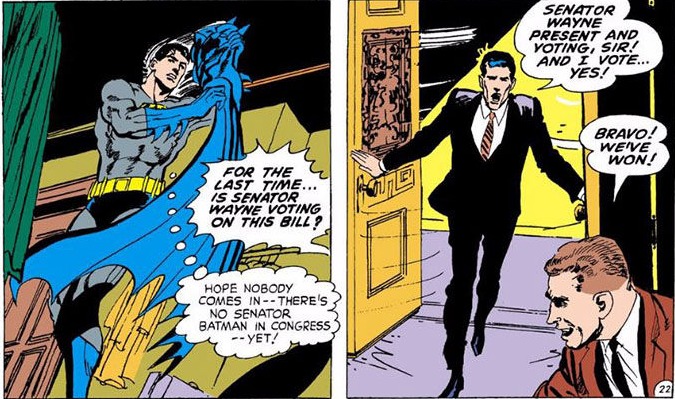 Senator Bruce Wayne (aka Batman) casts a deciding vote, script by Bob Haney and art by Neal Adams