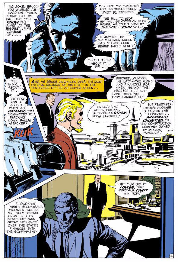 Bruce Wayne considers becoming a senator, and Oliver Queen reflects on what he's done with his life, script by Bob Haney and art by Neal Adams