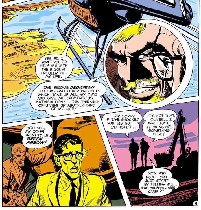 Oliver Queen reveals his secret identity to his psychiatrist. Script by Bob Haney and art by Neal Adams