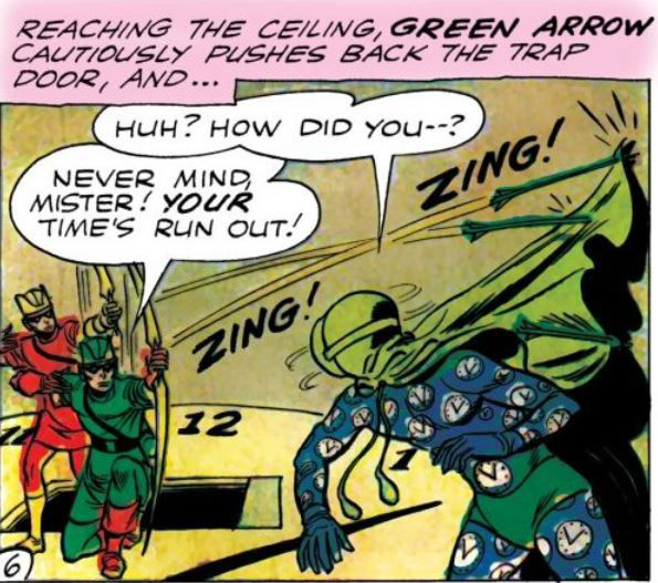Green Arrow and Speedy face the Clock King, art by Lee Elias