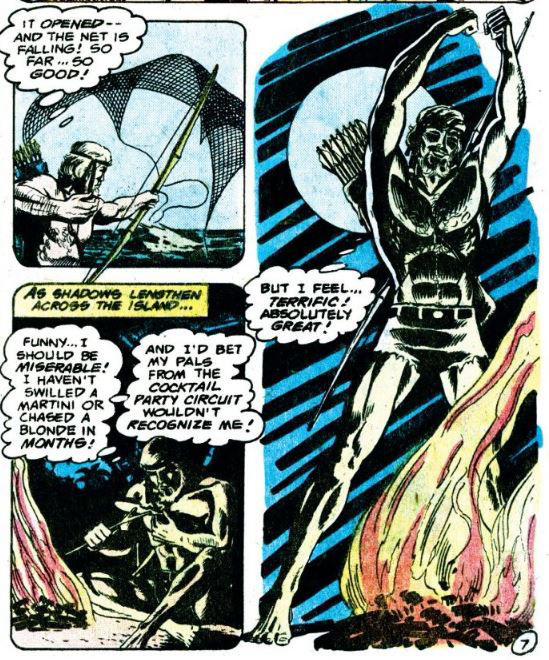 Oliver's island transformation makes him feel great, script by Denny O'neil, art by Mike Grell and Bruce D. Patterson