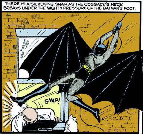 Batman snaps a crook's neck, Detective Comics #30 by Bob Kane with writer Gardner Fox