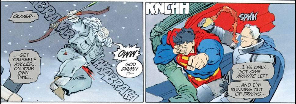 Oliver Queen stirring up trouble as Superman and Batman fight in The Dark Knight Falls