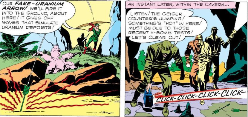Green Arrow uses a fake uranium arrow to protect his secret identity, art by Jack Kirby
