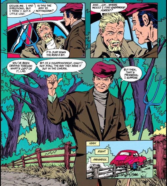 Oliver Queen drives into Sherwood Forest, by Mike Grell, Trevor von Eeden, J.J. Birch and Michael Bair
