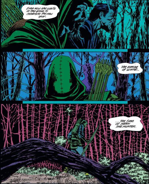 Hern reveals his name to Oliver Queen, written by Mike Grell, art by J. J. Birch and Michael Bair