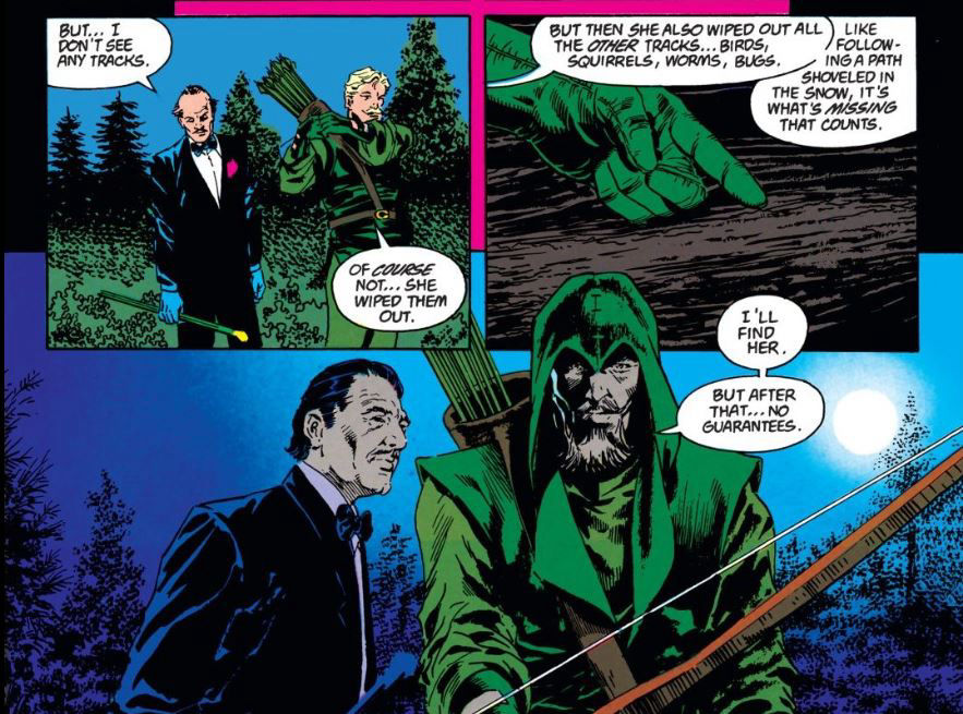 Oliver Queen prepares to follow Rowan's tracks, by Mike Grell, J.J. Birch and Michael Bair