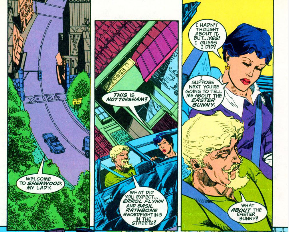 Ollie and Dinah drive through Nottingham, written by Mike Grell and Mark Ryan, art by Shea Anton Pensa