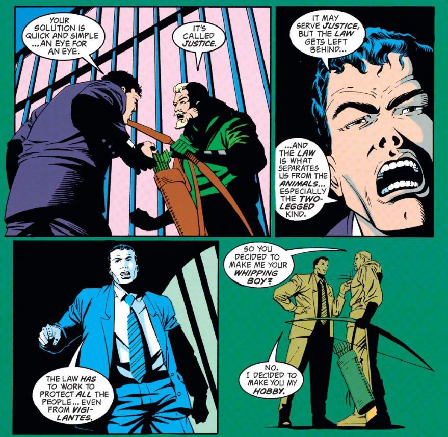 Oliver Queen and the Sheriff argue over justice vs. the law