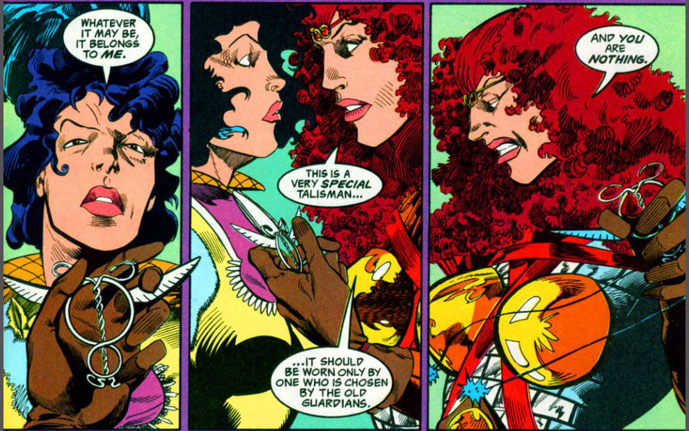 Ariana grabs Marian's pendant, written by Mike Grell and Mark Ryan with art by Shea Anton Pensa