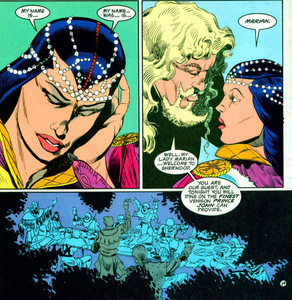 Marian introduces herself to Robin Hood, written by Mike Grell and Mark Ryan, with art by Shea Anton Pensa