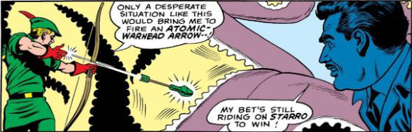 Green Arrow shoots an atomic warhead arrow in JLA #68, art by Dick Dillin and Sid Greene