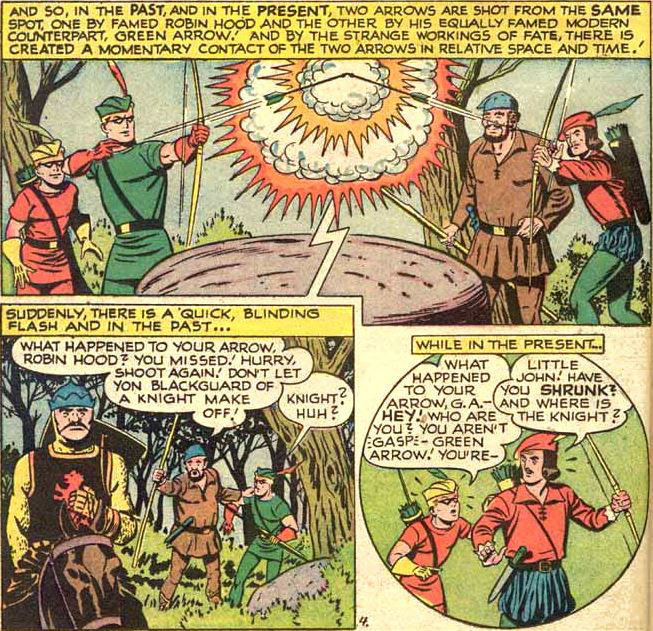 Robin Hood and Green Arrow trade places from WF #40, by Otto Binder and George Papp