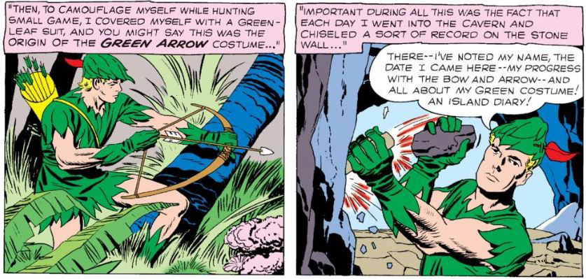 Oliver Queen dresses in an early version of the Green Arrow costume. Art by Jack Kirby and script by Ed Herron