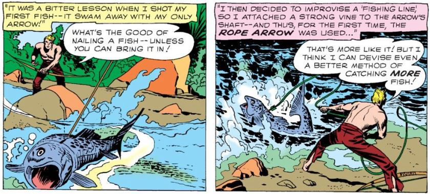Oliver Queen aka Green Arrow invents his rope arrow, art by Jack Kirby with script by Ed Herron
