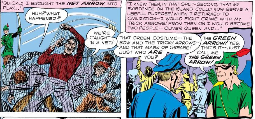 Green Arrow captures his first crooks and names himself, art by Jack Kirby and script by Ed Herron
