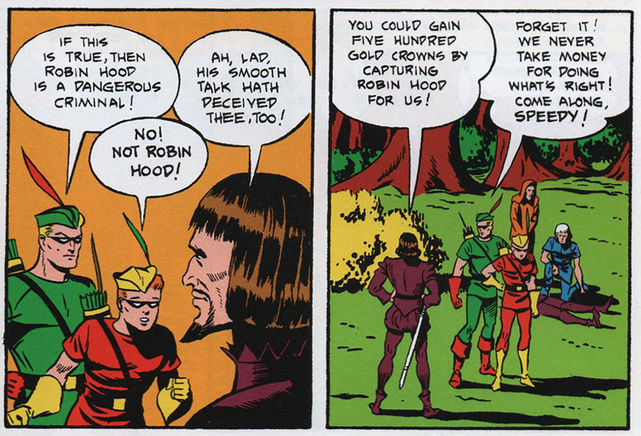 Green Arrow and Speedy discover Robin Hood may be a murderer