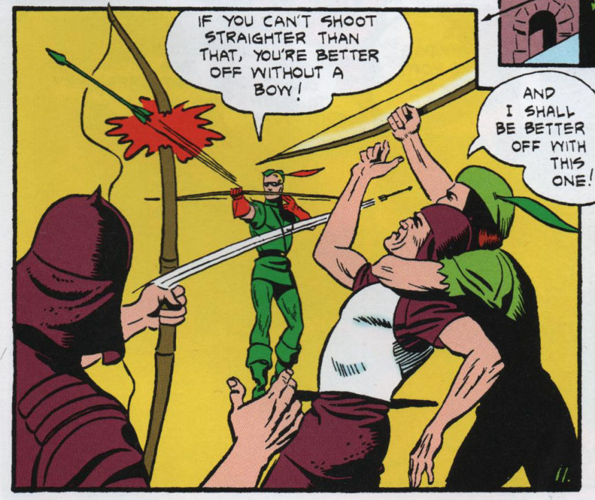 Green Arrow shoots the enemy's bow